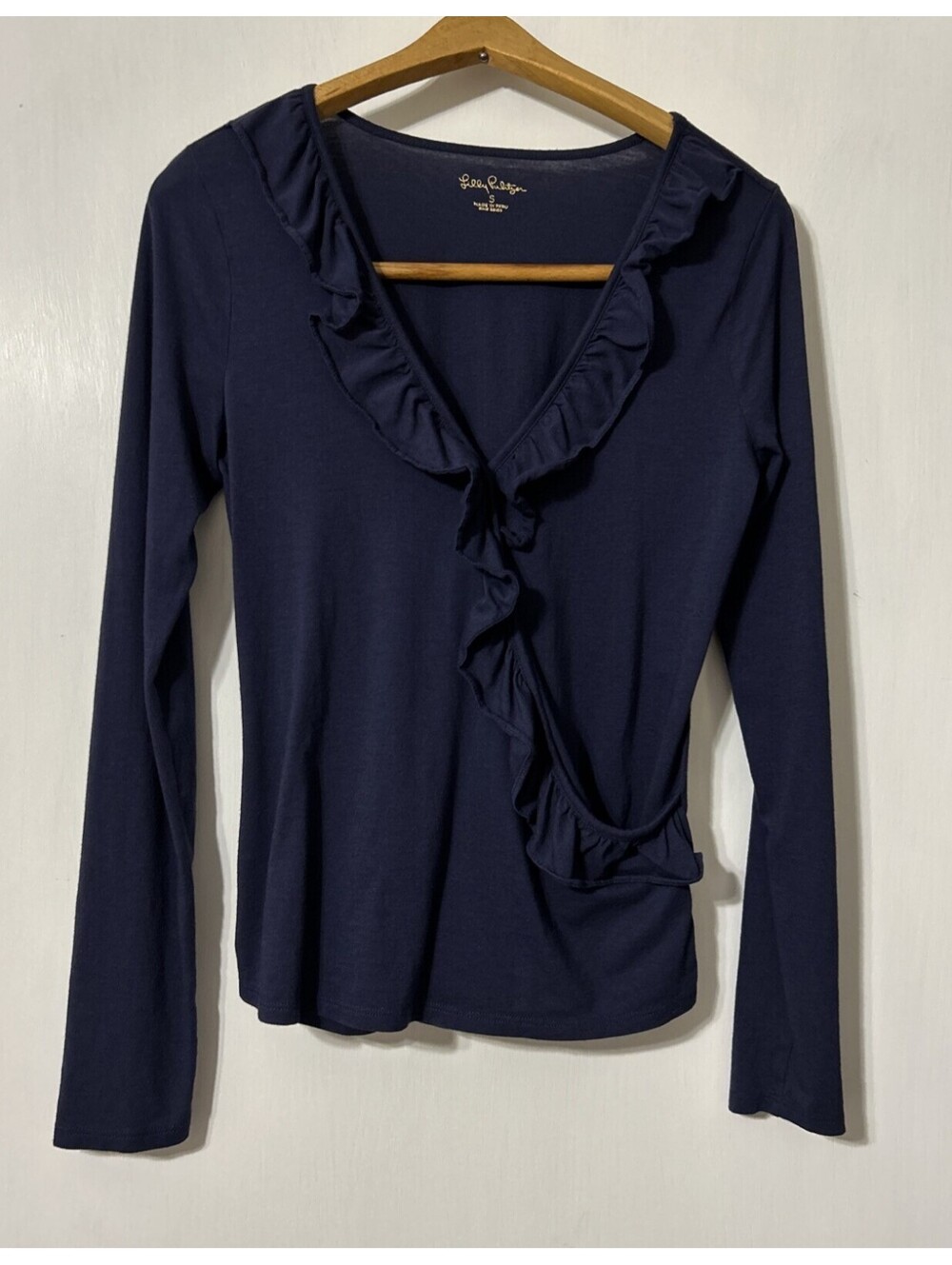 Lilly Pulitzer Navy Blue Ruffle V-Neck Long Sleeve Pima Cotton Modal Top Small